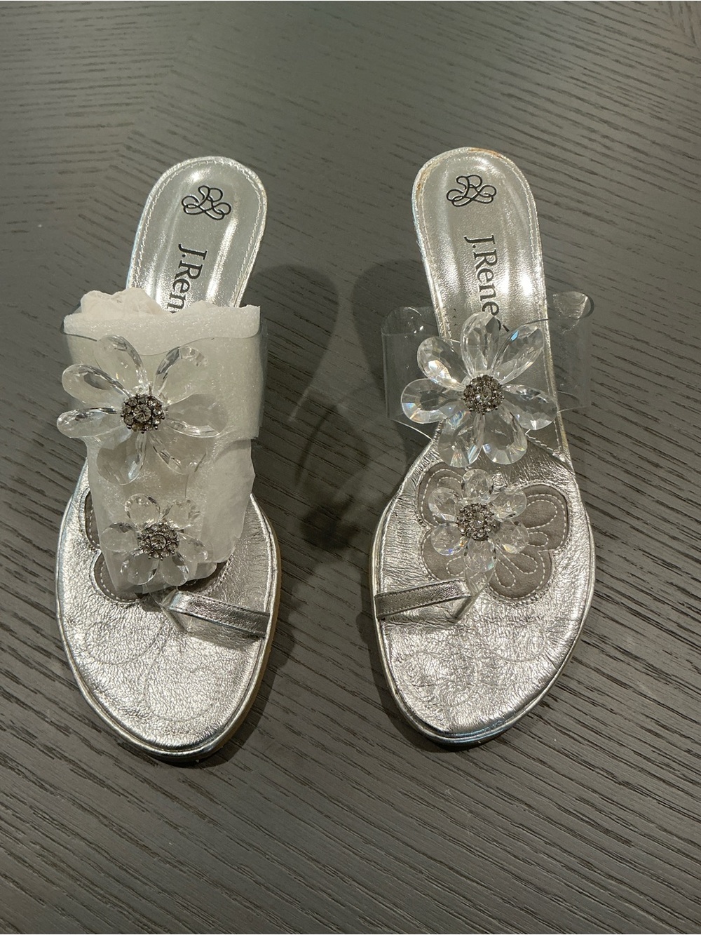 J.Renee Silver Slide Mules with Crystal Flower Embellishments